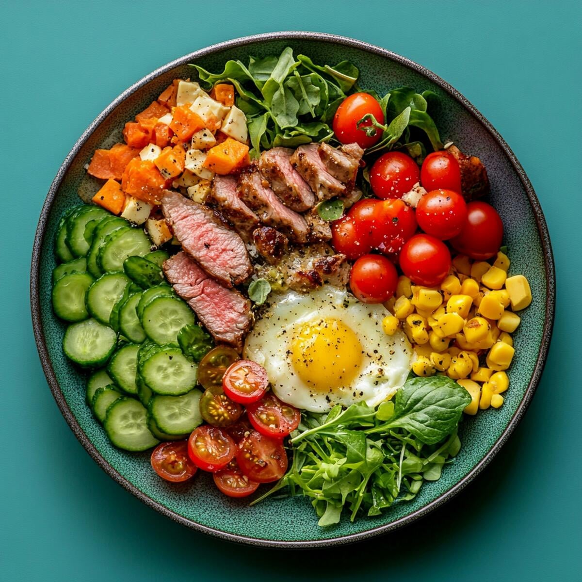 Nutritious bowl of food with colorful vegetables and proteins